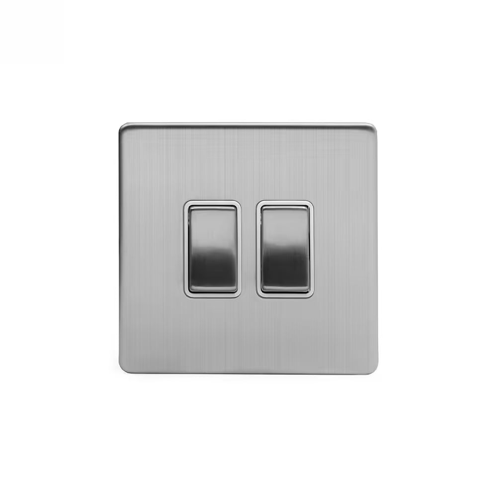 Soho Lighting 10A 2 Gang 2 Way Switch Brushed Chrome with White Insert Screwless Finish Uneeka