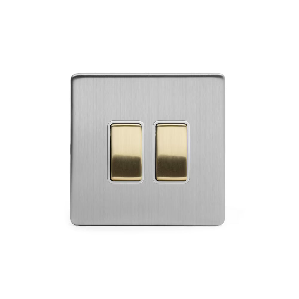 Soho Lighting 10A 2 Gang 2 Way Switch Brushed Chrome & Brushed Brass White Insert Screwless Finish Uneeka