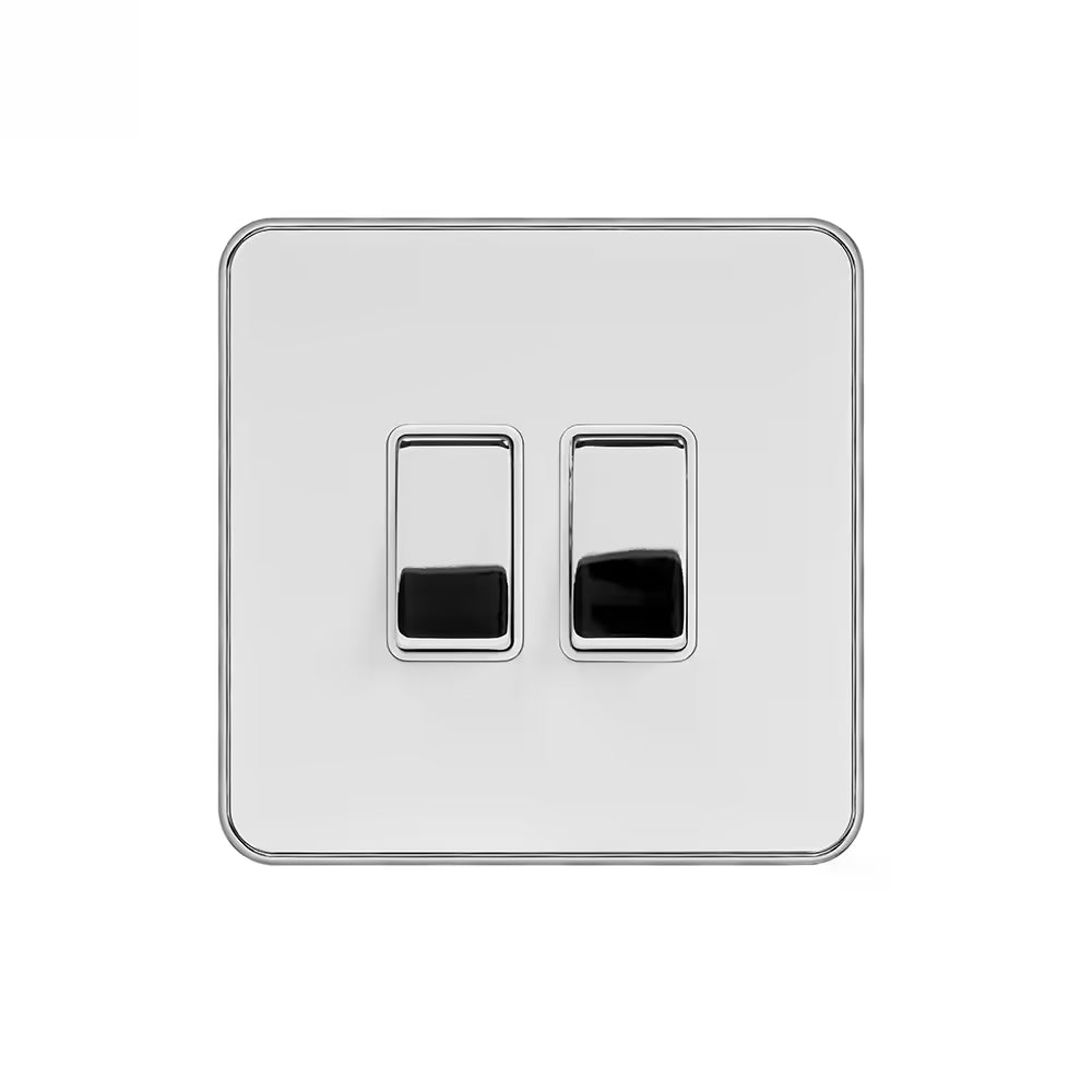 Soho Lighting 10A 2 Gang 2 Way Switch White Metal & Polished Chrome with White Inserts Screwless Finish Uneeka