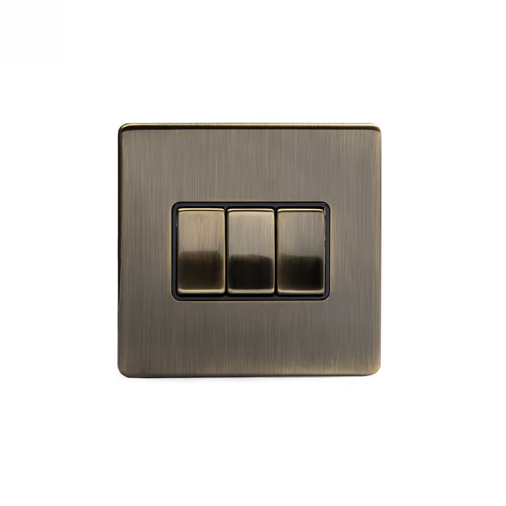 Soho Lighting 10A 3 Gang 2 Way Switch Antique Brass with Black Insert Uneeka