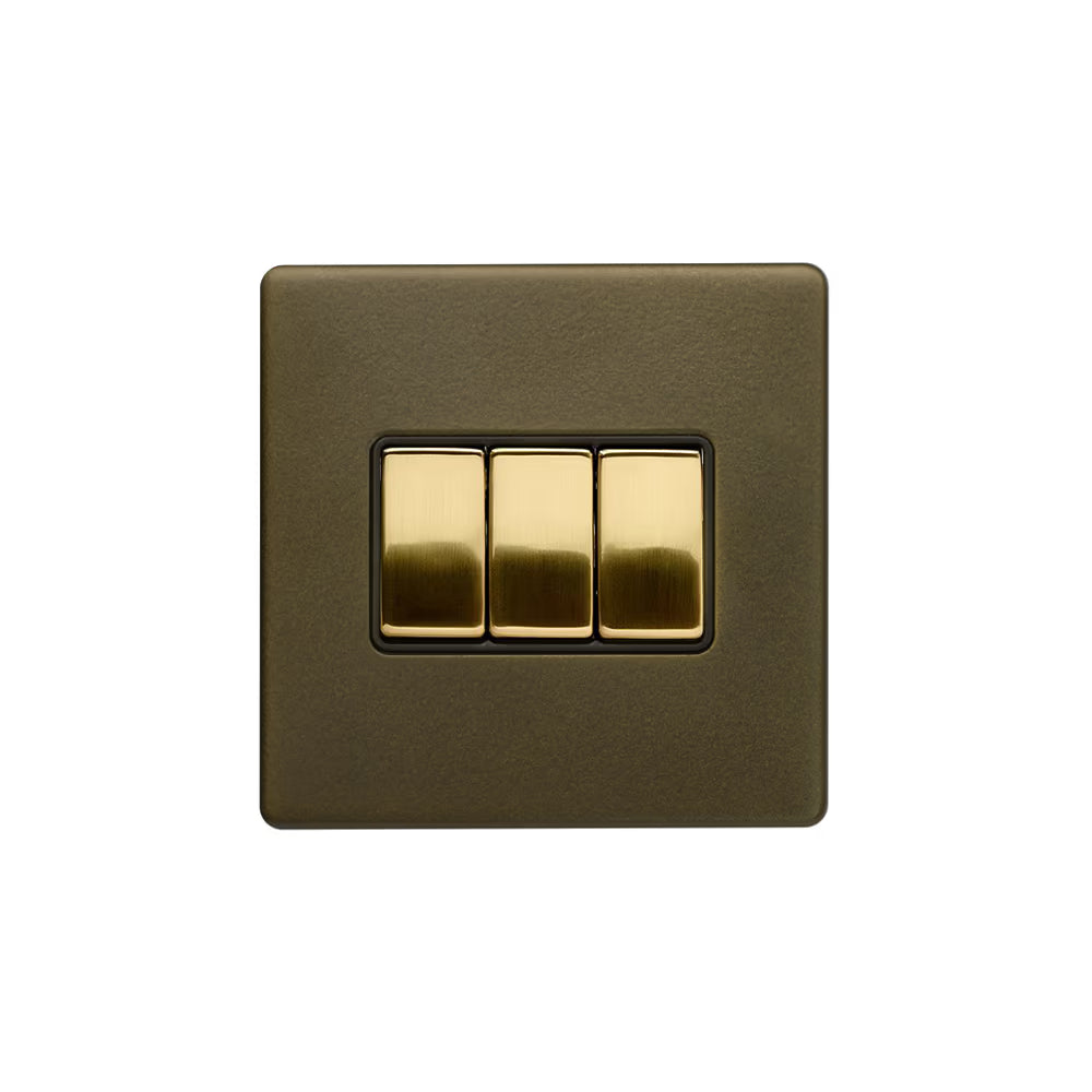 Soho Lighting 10A 3 Gang 2 Way Switch Bronze & Brushed Brass with Black Insert Screwless Finish Uneeka
