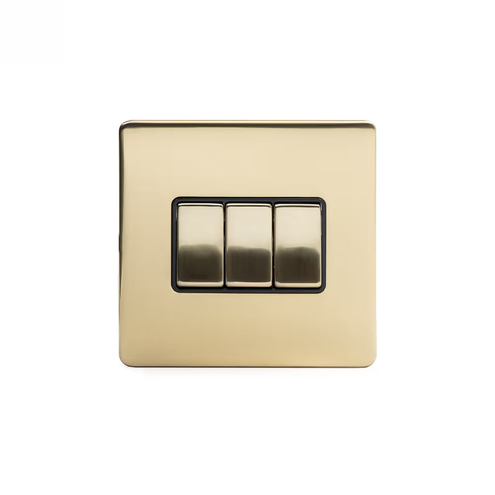 Soho Lighting 10A 3 Gang 2 Way Switch Brushed Brass with Black Insert Screwless Finish Uneeka