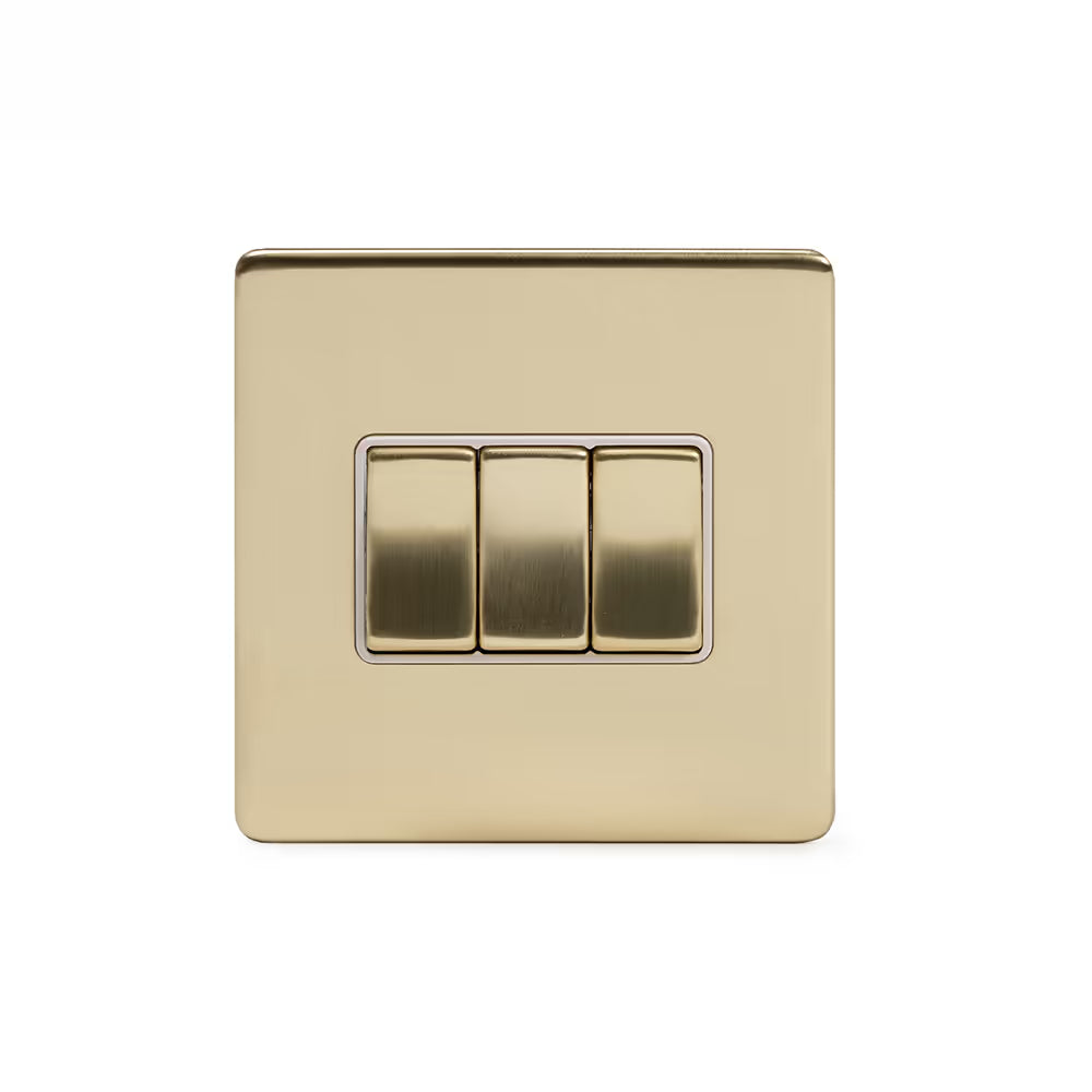 Soho Lighting 10A 3 Gang 2 Way Switch Brushed Brass with White Insert Screwless Finish Uneeka