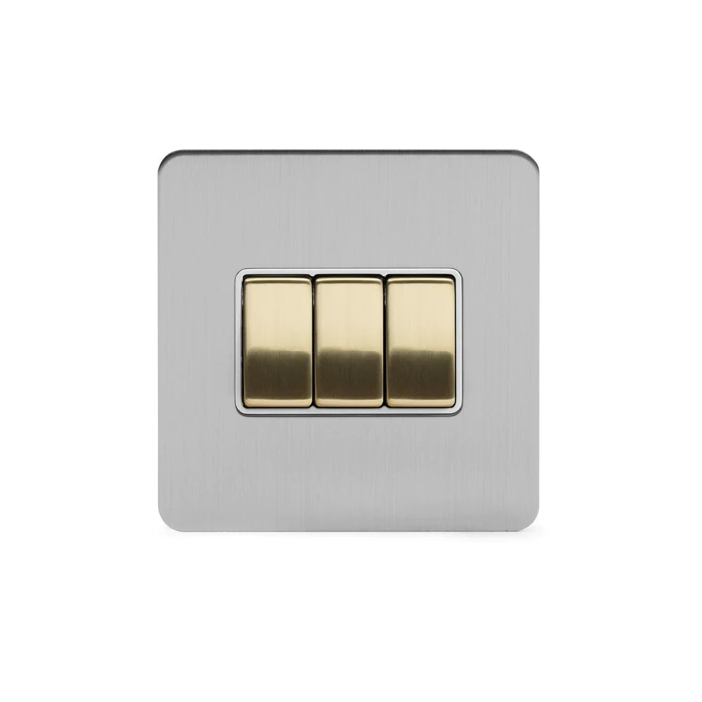 Soho Lighting 10A 3 Gang 2 Way Switch Brushed Chrome & Brushed Brass with White Insert Screwless Finish Uneeka