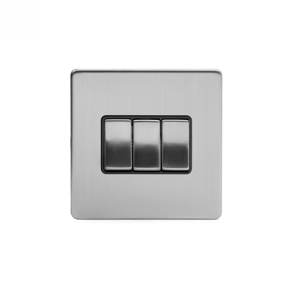 Soho Lighting 10A 3 Gang 2 Way Switch Brushed Chrome with Black Insert Screwless Finish Uneeka