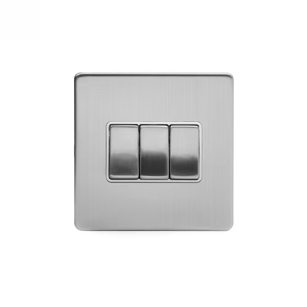 Soho Lighting 10A 3 Gang 2 Way Switch Brushed Chrome with White Insert Screwless Finish Uneeka
