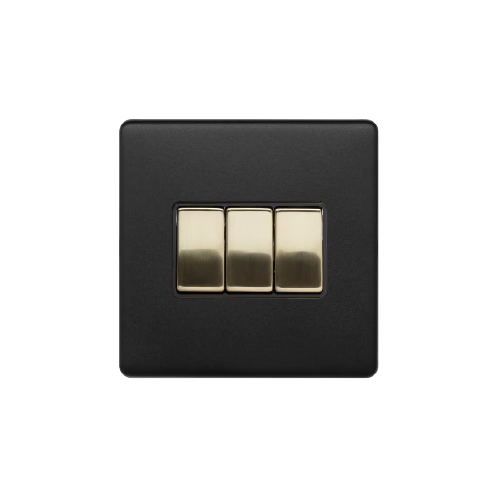 Soho Lighting 10A 3 Gang 2 Way Switch Matt Black & Brushed Brass Black Insert Screwless Finish Uneeka