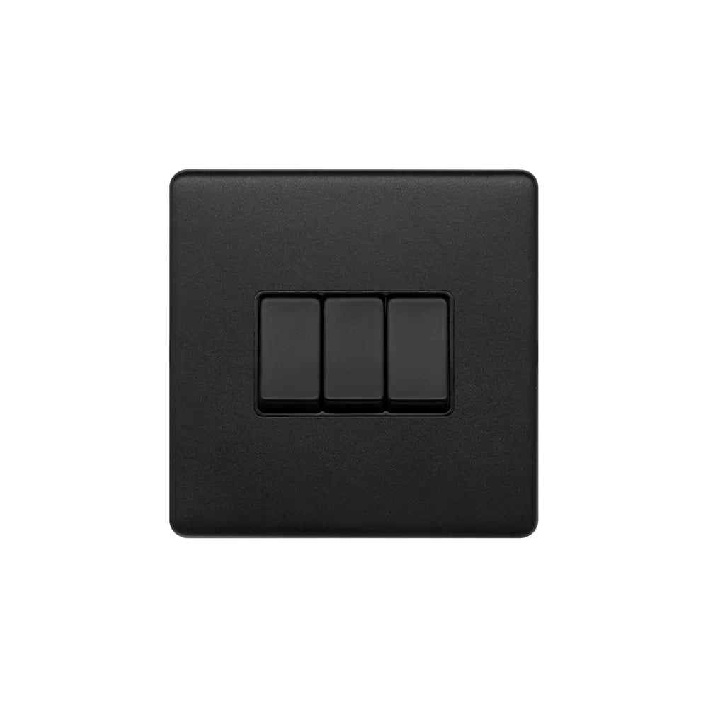 Soho Lighting 10A 3 Gang 2 Way Switch Matt Black with Back Insert Screwless Finish Uneeka