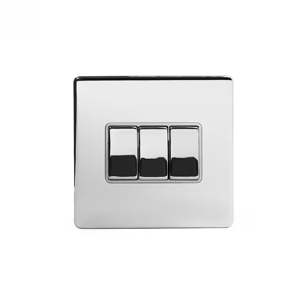 Soho Lighting 10A 3 Gang 2 Way Switch Polished Chrome with White Insert Screwless Finish