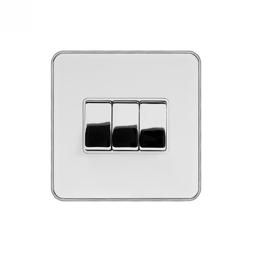 Soho Lighting 10A 3 Gang 2 Way Switch White Metal & Polished Chrome with White Insert Screwless Finish