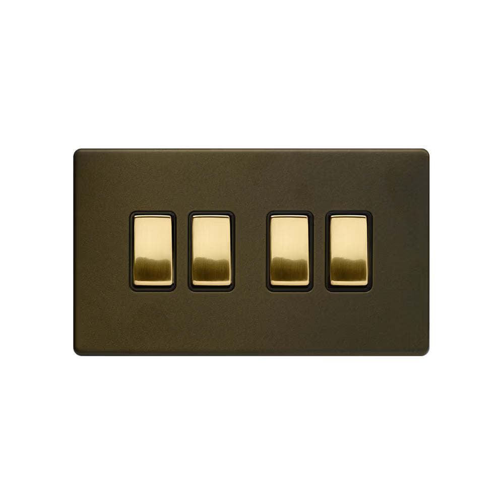 Soho Lighting 10A 4 Gang 2 Way Switch Bronze & Brushed Brass with Matt Black Screwless Finish Uneeka