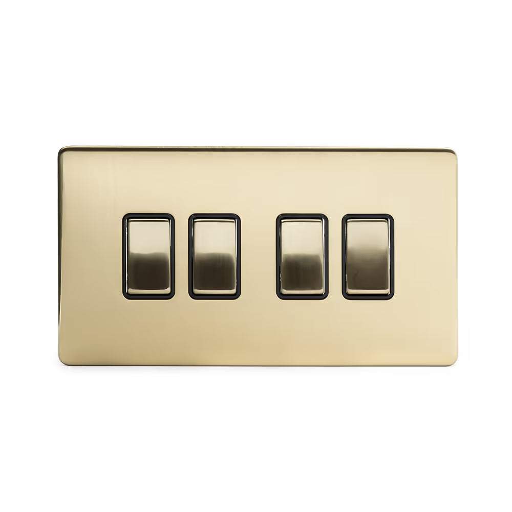 Soho Lighting 10A 4 Gang 2 Way Switch - Brushed Brass with Black Insert Screwless Finish Uneeka