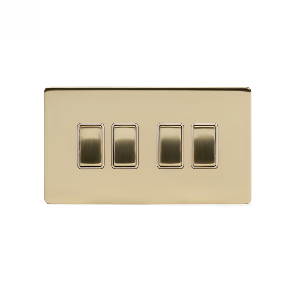 Soho Lighting 10A 4 Gang 2 Way Switch Brushed Brass with White Insert Screwless Finish Uneeka