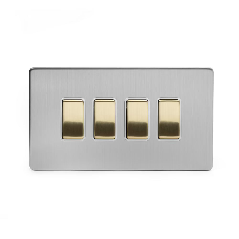 Soho Lighting 10A 4 Gang 2 Way Switch Brushed Chrome & Brushed Brass with White Insert Screwless Finish Uneeka