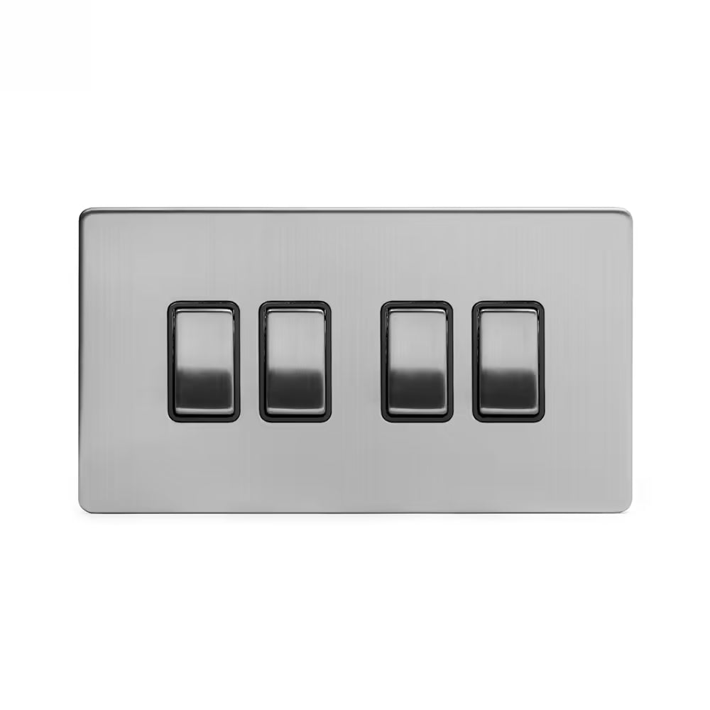 Soho Lighting 10A 4 Gang 2 Way Switch - Brushed Chrome and Black Insert Screwless Finish Uneeka