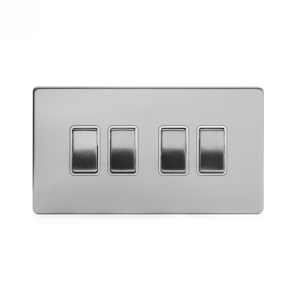 Soho Lighting 10A 4 Gang 2 Way Switch Brushed Chrome with White Insert Screwless Finish Uneeka