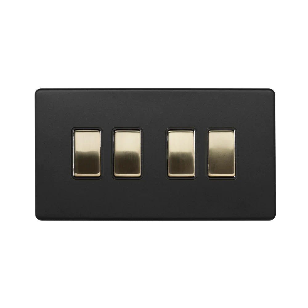 Soho Lighting 10A 4 Gang 2 Way Switch Matt Black & Brushed Brass with Black Insert Screwless Finish Uneeka