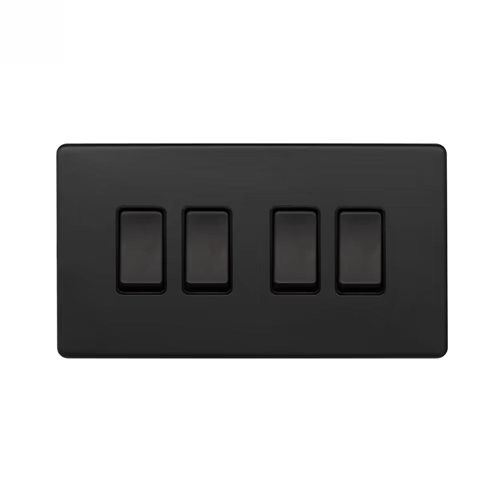 Soho Lighting 10A 4 Gang 2 Way Switch Matt Black with Black Insert Screwless Finish Uneeka