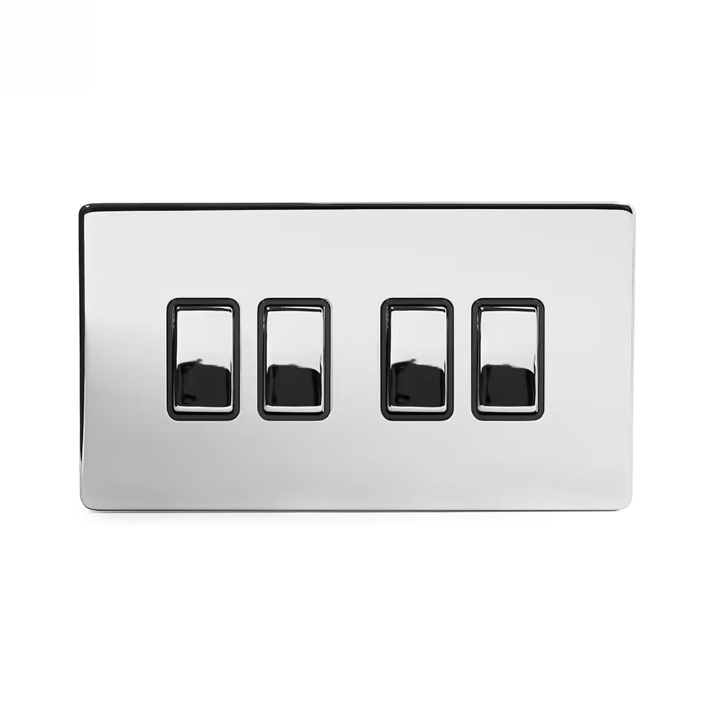 Soho Lighting 10A 4 Gang 2 Way Switch Polished Chrome with Black Insert Screwless Finish Uneeka