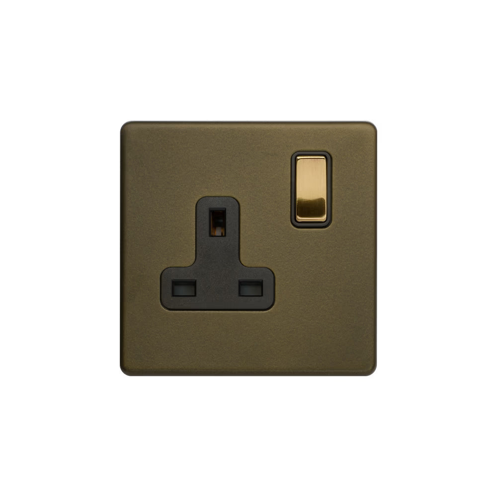 Soho Lighting 1 Gang Double Pole Socket Single 13A Bronze & Brushed Brass Black Insert Screwless Finish Uneeka