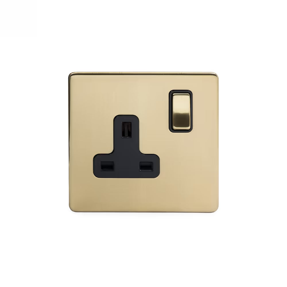 Soho Lighting 1 Gang Double Pole Socket Single 13A Brushed Brass with Black Insert Uneeka