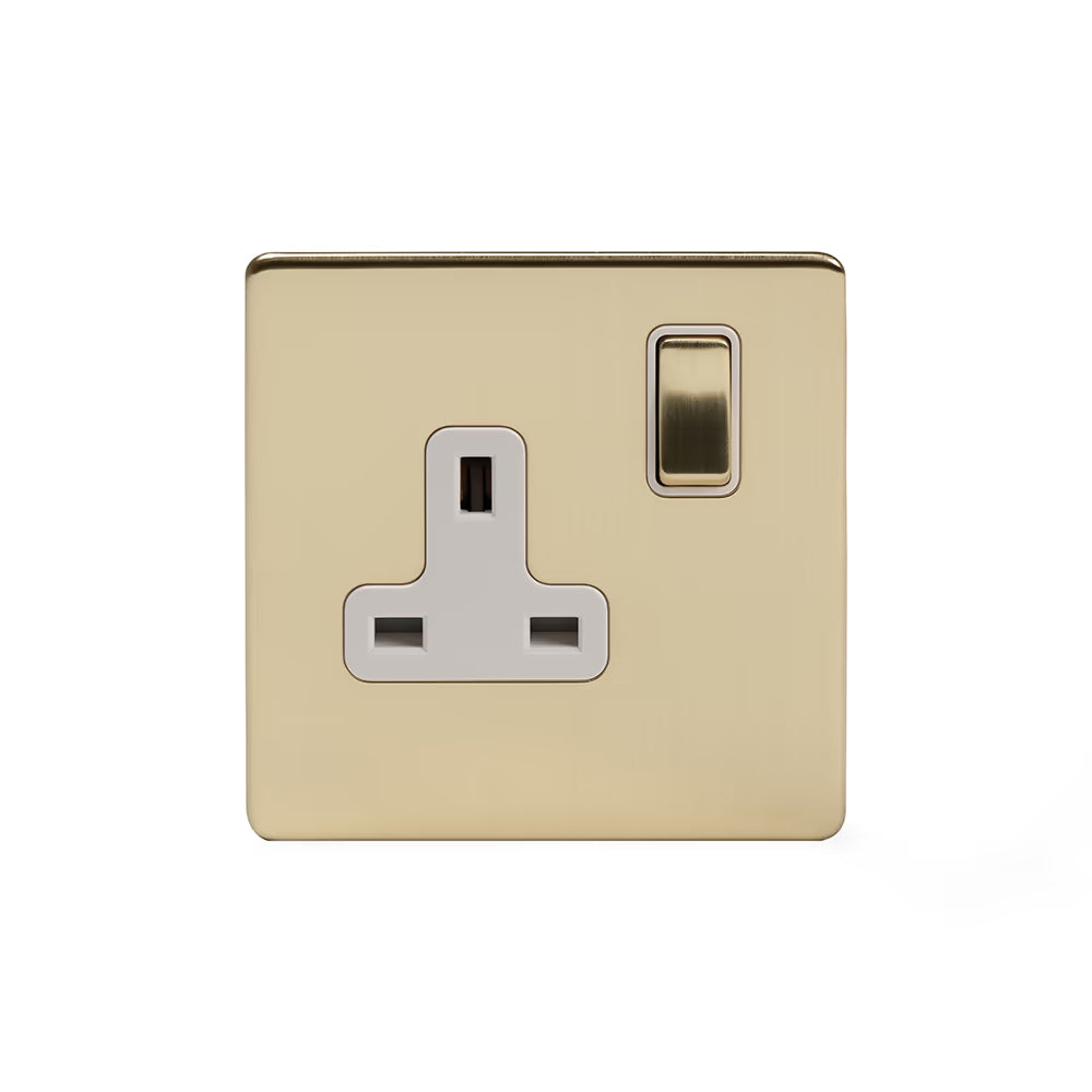Soho Lighting 1 Gang Double Pole Socket Single 13A Brushed Brass with White Insert Uneeka