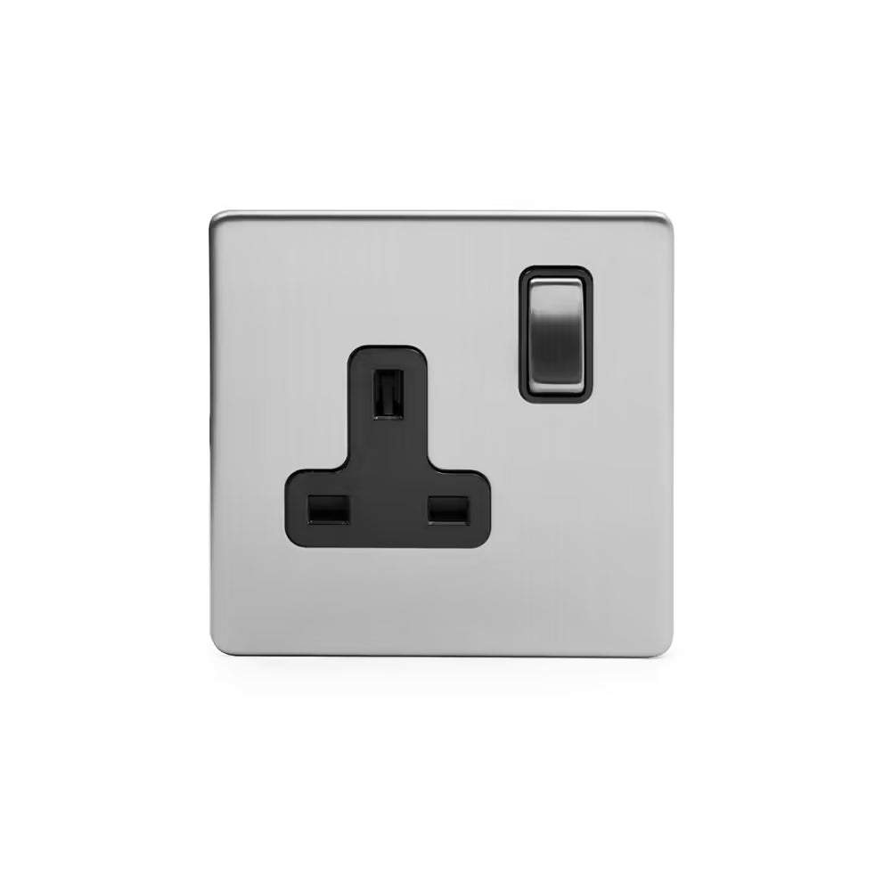 Soho Lighting 1 Gang Double Pole Socket Single 13A Brushed Chrome with Black Insert Uneeka