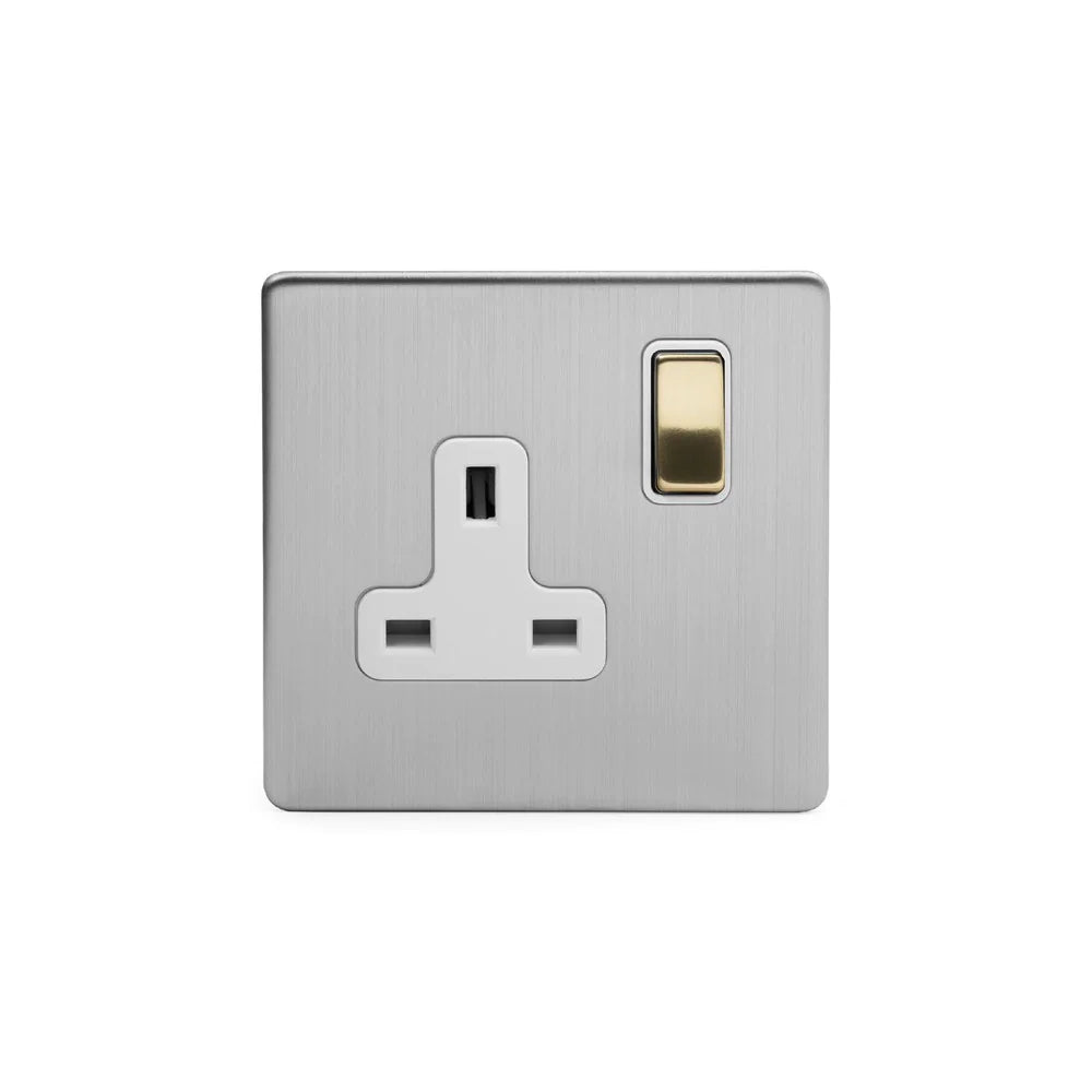 Soho Lighting 1 Gang Double Pole Socket Single 13A Brushed Chrome with Brushed Brass Detail White Insert Screwless Finish Uneeka