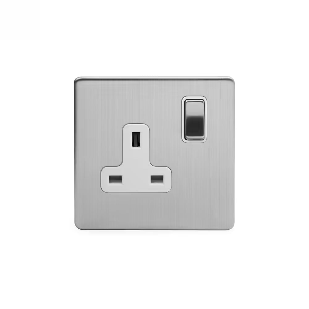 Soho Lighting 1 Gang Double Pole Socket Single 13A Brushed Chrome with White Insert Uneeka
