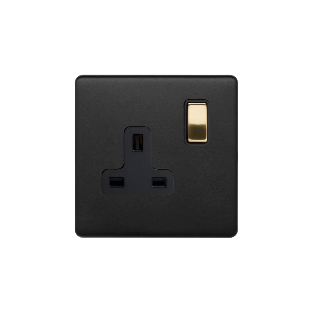 Soho Lighting 1 Gang Double Pole Socket Single 13A Matt Blass & Brushed Brass with black insert Uneeka