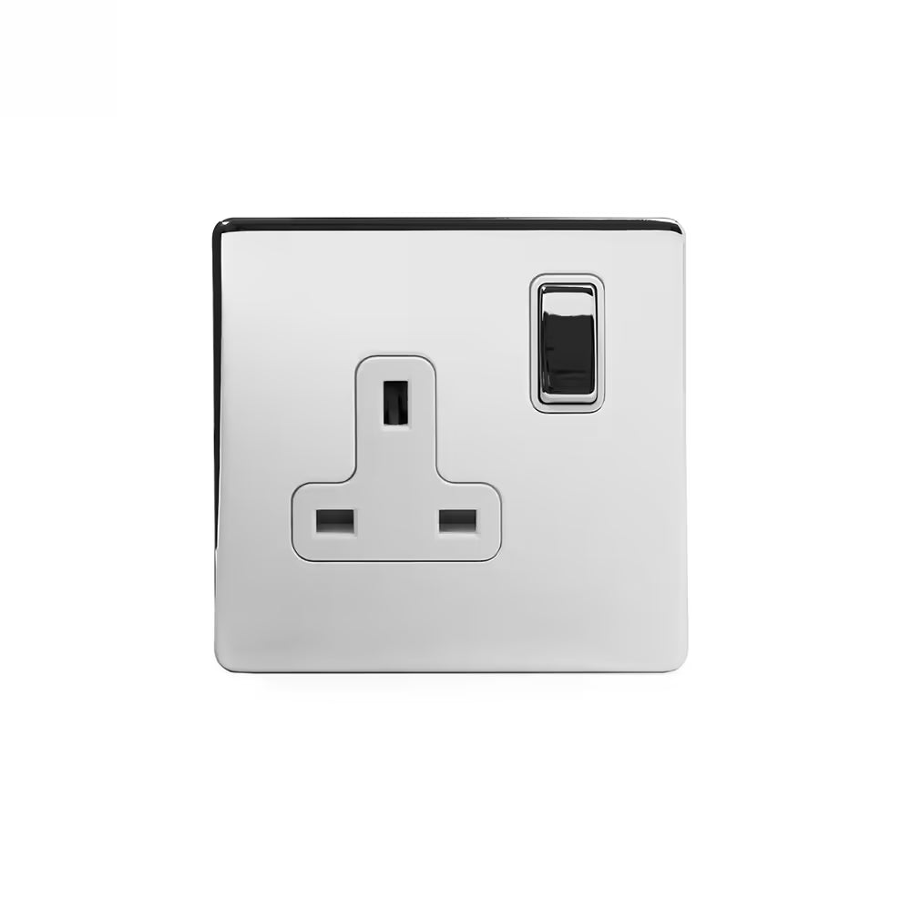 Soho Lighting 1 Gang Double Pole Socket Single 13A Polished Chrome with White Insert Uneeka