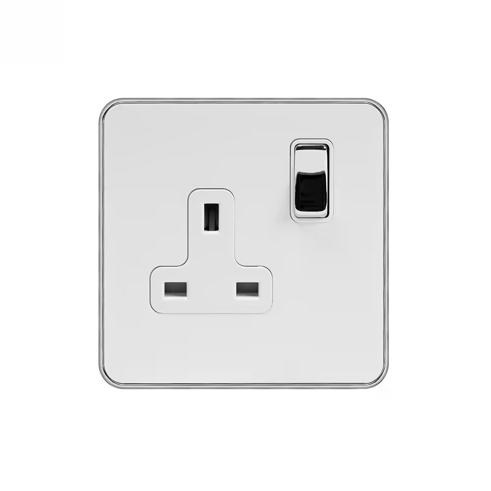Soho Lighting 1 Gang Double Pole Socket Single 13A White Metal & Polished Chrome with White Insert Screwless Finish Uneeka