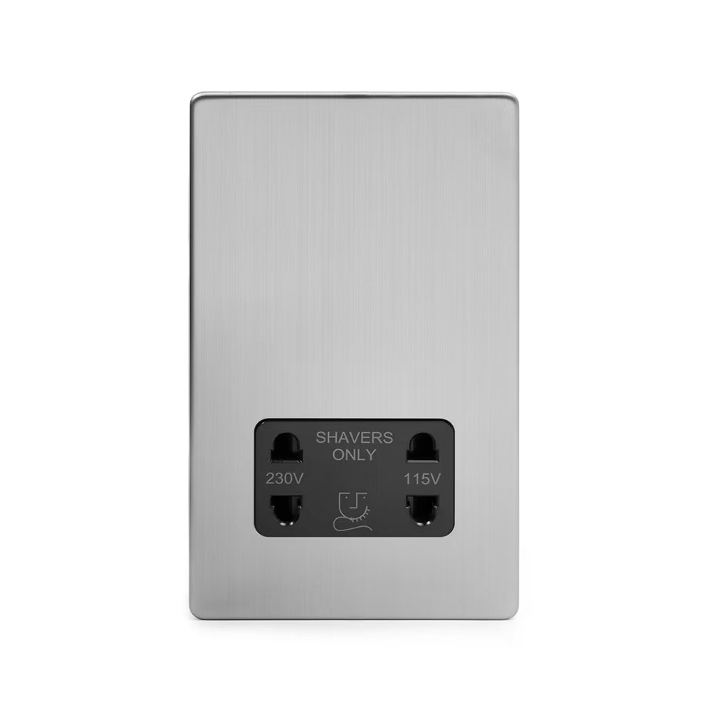 Soho Lighting 1 Gang Shaver Socket Brushed Chrome Black Insert Screwless Finish Uneeka