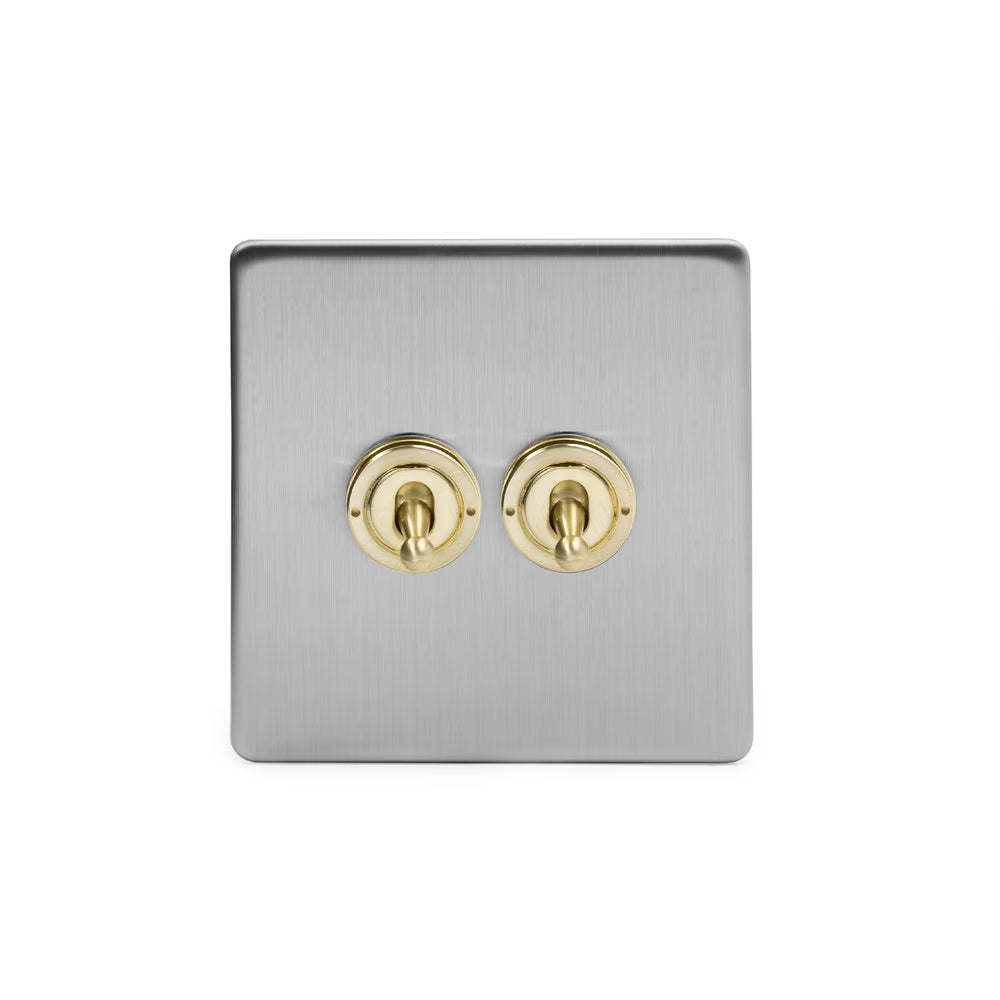 Soho Lighting 2 Gang 2 Way Toggle Switch - Brushed Chrome & Brushed Brass Screwless Finish - Uneeka