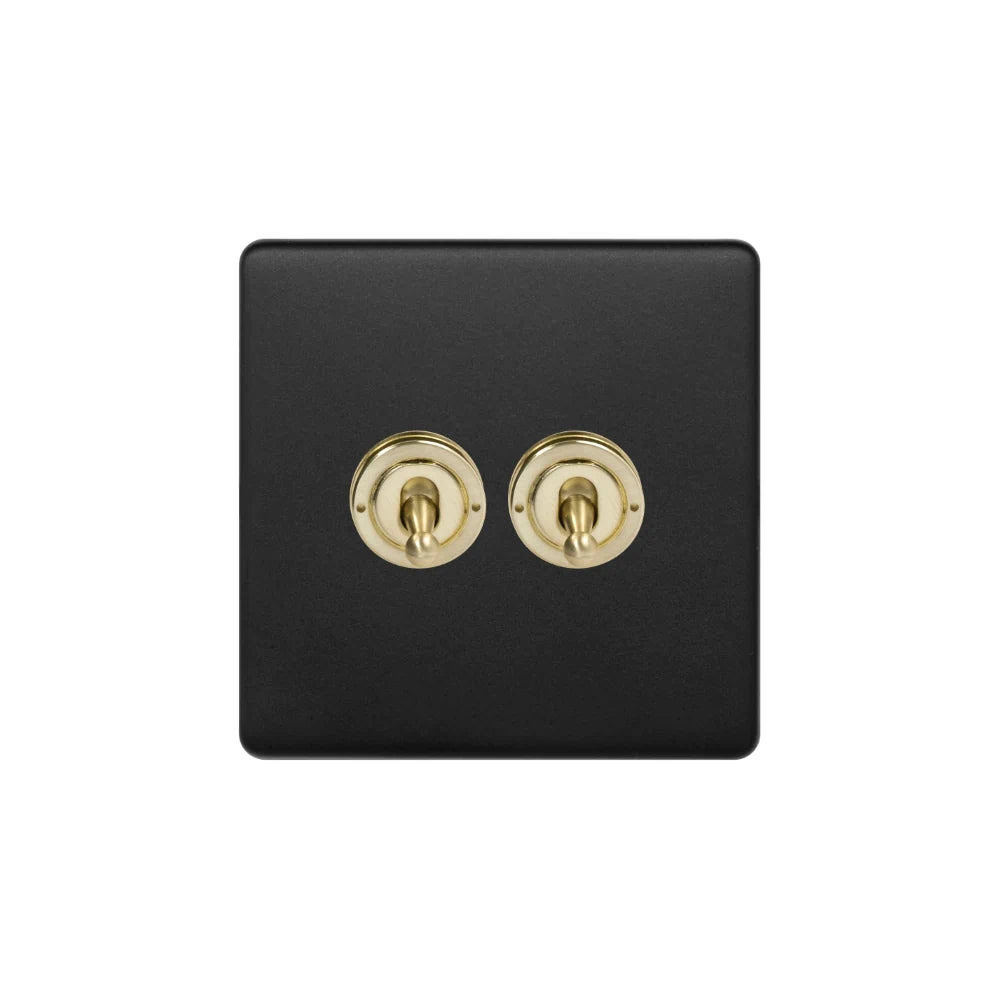 Soho Lighting 2 Gang 2 Way Toggle Switch - Matt Black & Brushed Brass Screwless Finish - Uneeka