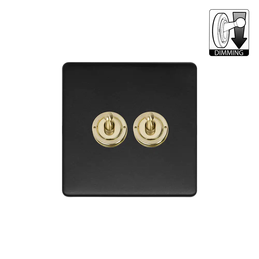 Soho Lighting 2 Gang Dimming Toggle Switch - Matt Black & Brushed Brass - Uneeka