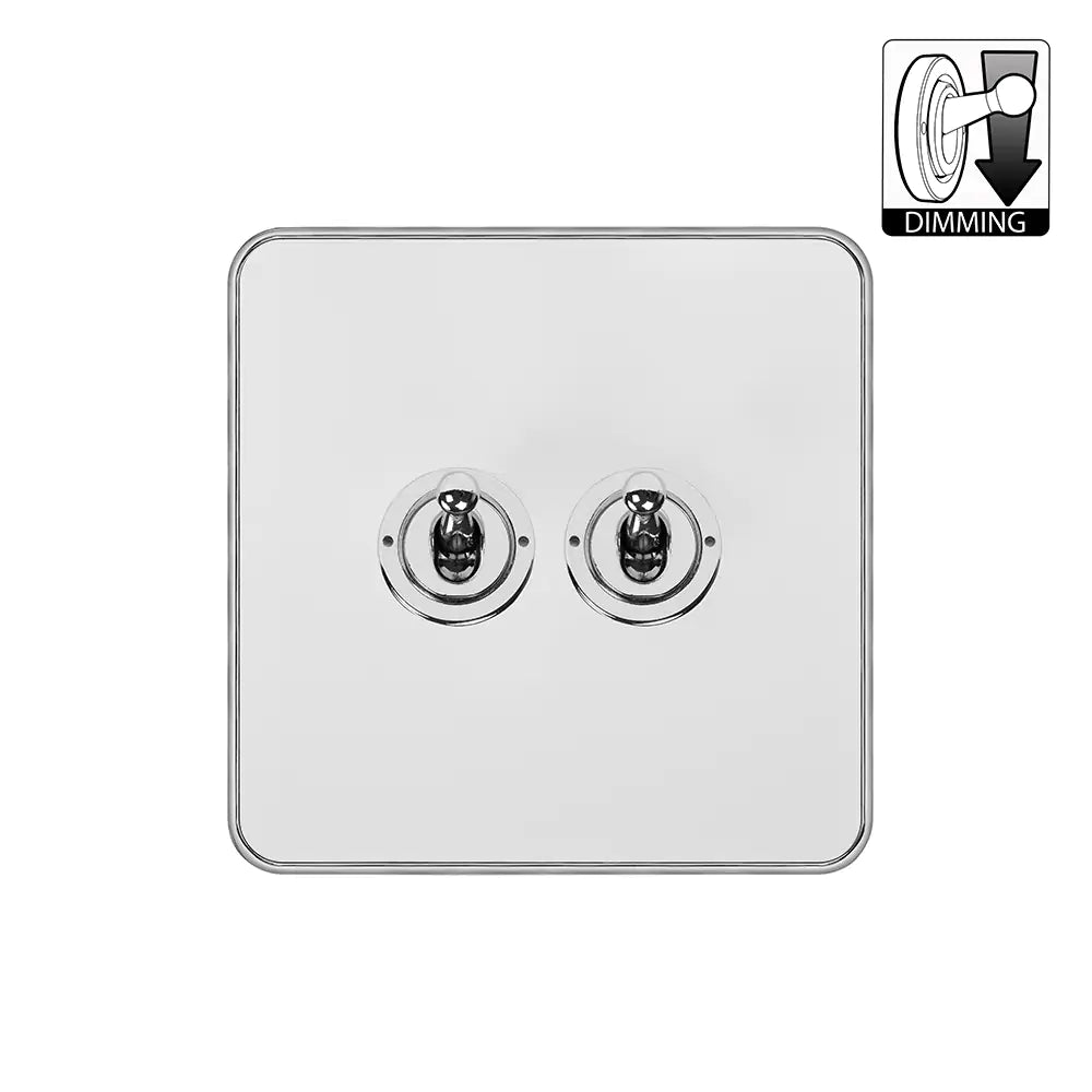 Soho Lighting 2 Gang Dimming Toggle Switch - White Metal & Polished Chrome - Uneeka
