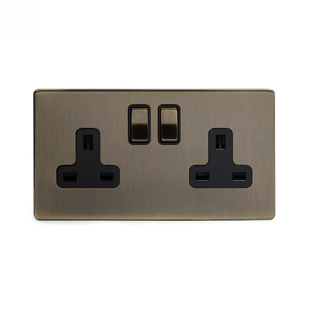 Soho Lighting 2 Gang Double Pole Socket Single 13A Antique Brass Uneeka