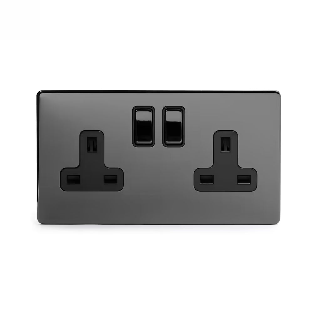 Soho Lighting 2 Gang Double Pole Socket Single 13A Black Nickel with Black Insert Uneeka