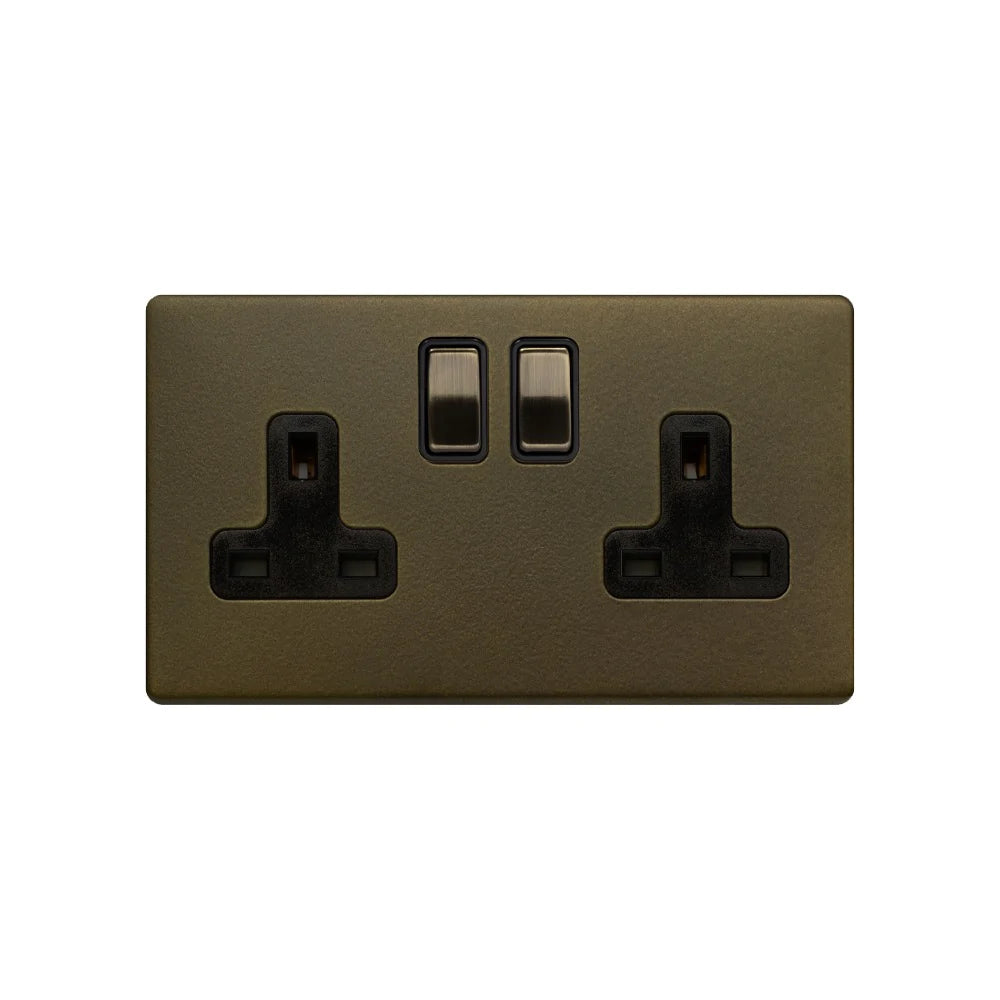Soho Lighting 2 Gang Double Pole Socket Single 13A Bronze with Black Insert Screwless Finish Uneeka