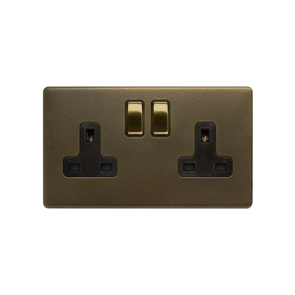 Soho Lighting 2 Gang Double Pole Socket Single 13A Bronze with Brushed Brass Detail Black Insert Uneeka