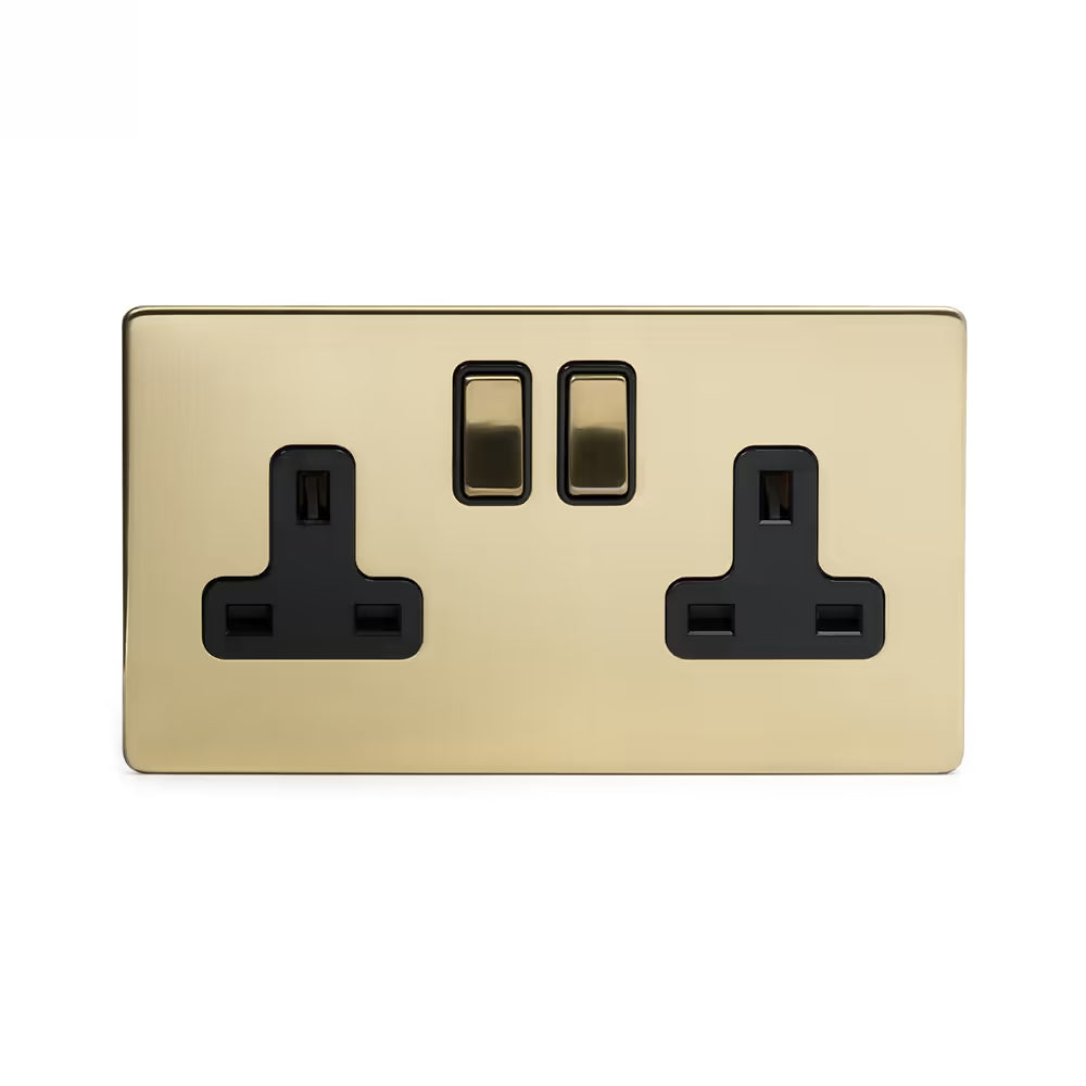 Soho Lighting 2 Gang Double Pole Socket Single 13A Brushed Brass with Black Insert Uneeka