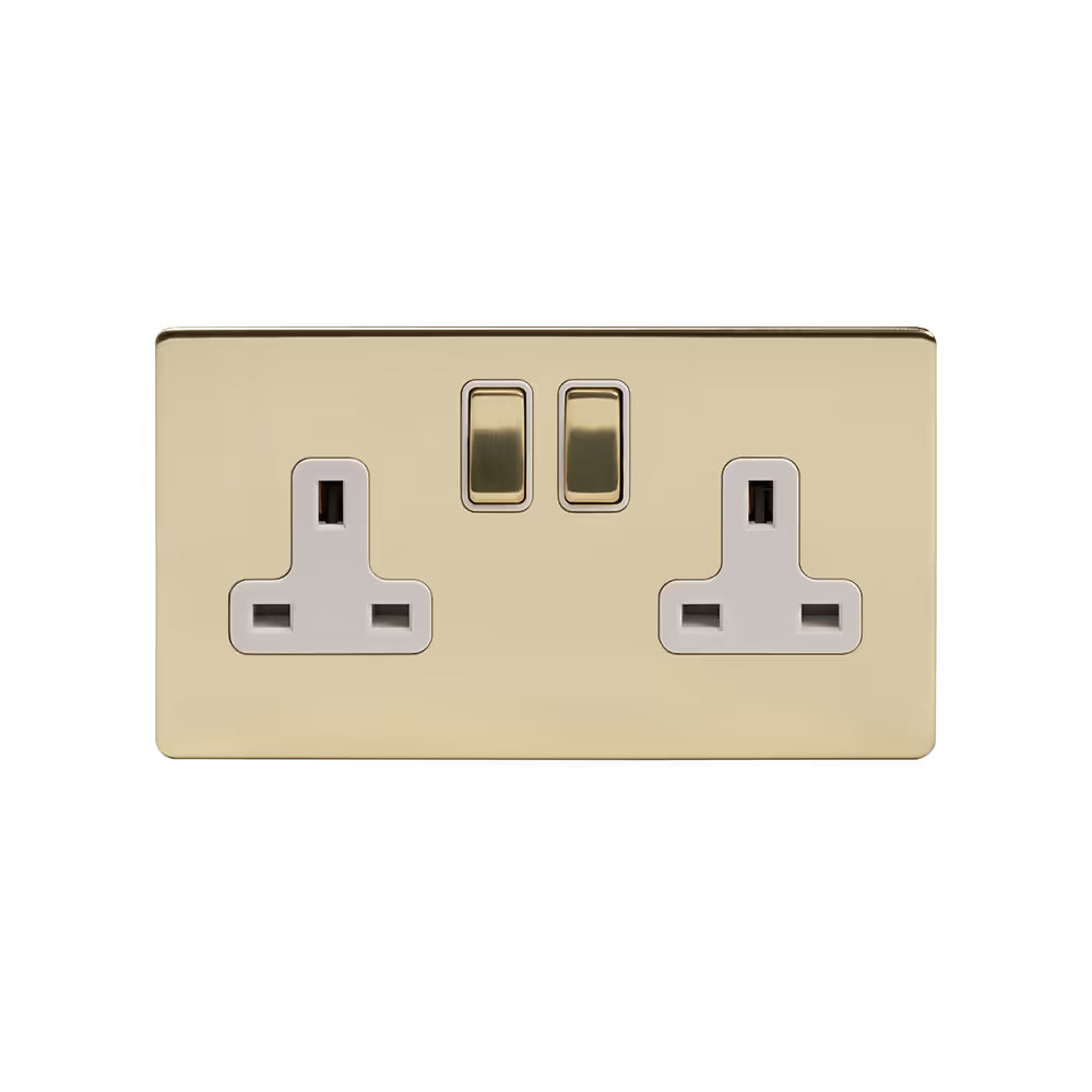 Soho Lighting 2 Gang Double Pole Socket Single 13A Brushed Brass with White Insert Uneeka