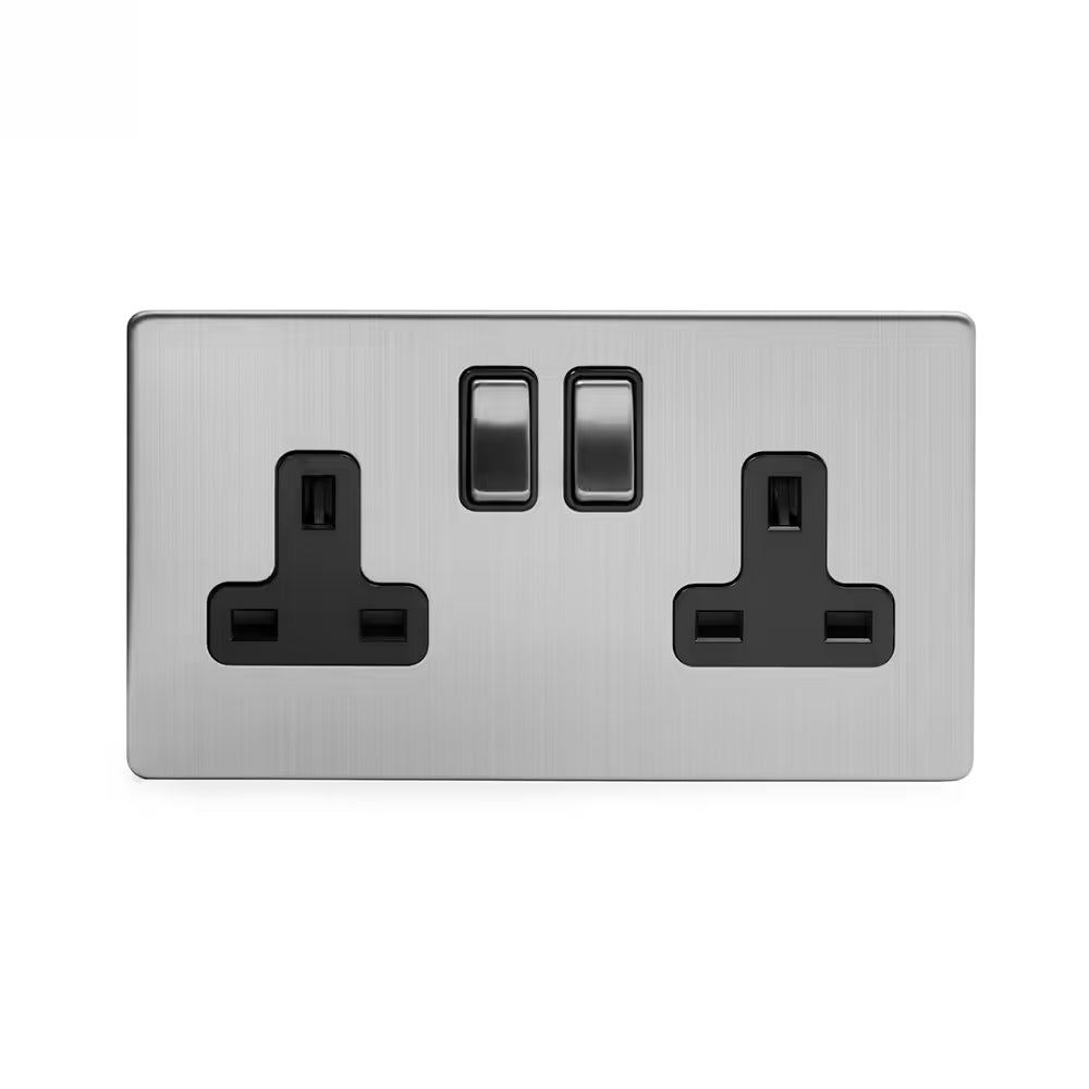 Soho Lighting 2 Gang Double Pole Socket Single 13A Brushed Chrome with Black Insert Screwless Uneeka