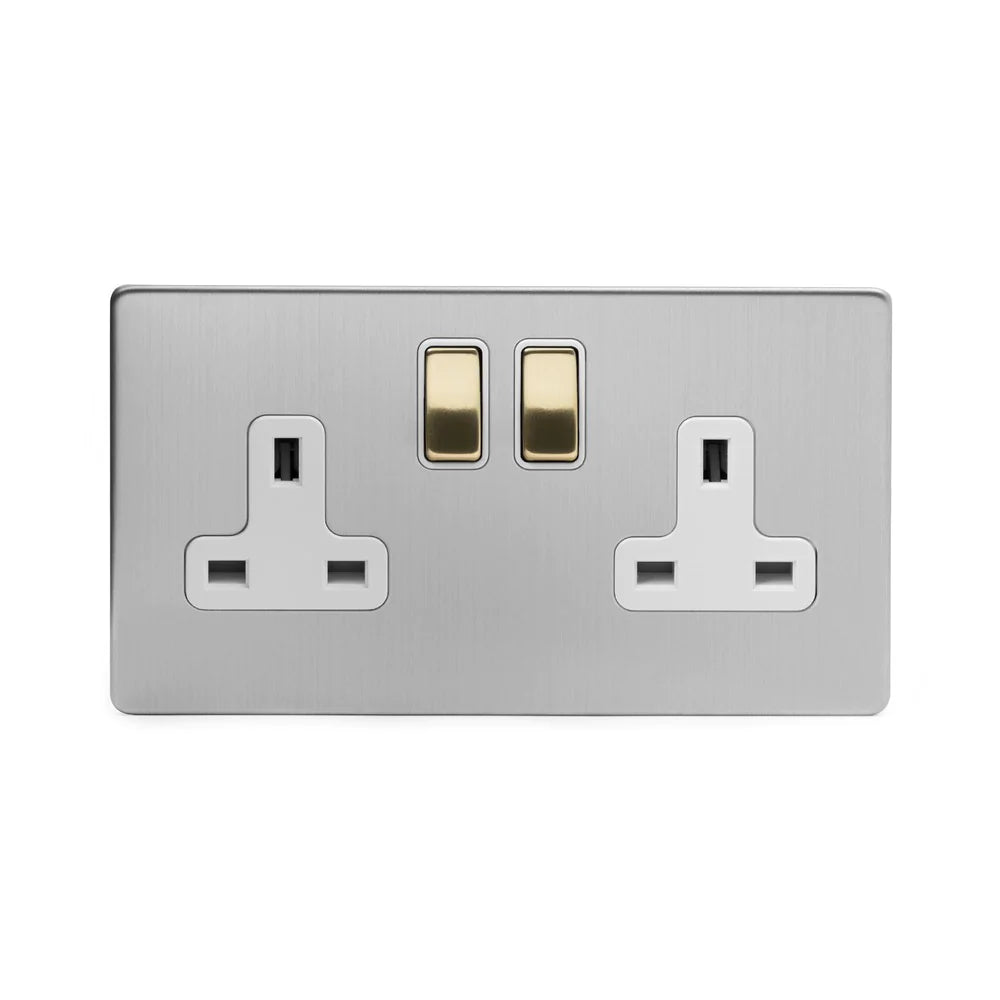 Soho Lighting 2 Gang Double Pole Socket Single 13A Brushed Chrome with Brushed Brass White Insert Uneeka