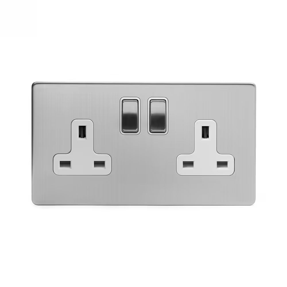 Soho Lighting 2 Gang Double Pole Socket Single 13A Brushed Chrome with White Insert Uneeka