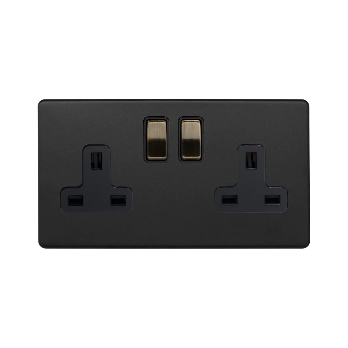 Soho Lighting 2 Gang Double Pole Socket Single 13A Matt Black & Antique Brass Uneeka