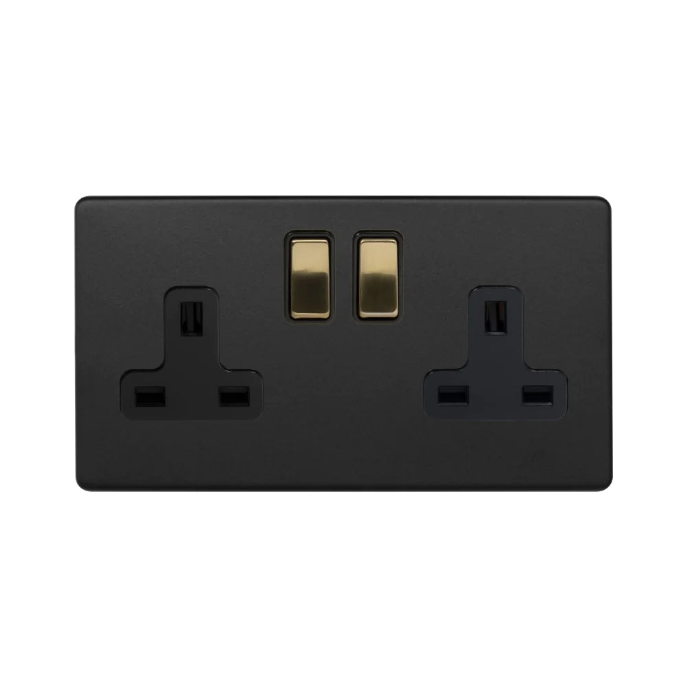 Soho Lighting 2 Gang Double Pole Socket Single 13A Matt Black & Brushed Brass Black nsert Screwless Finish Uneeka