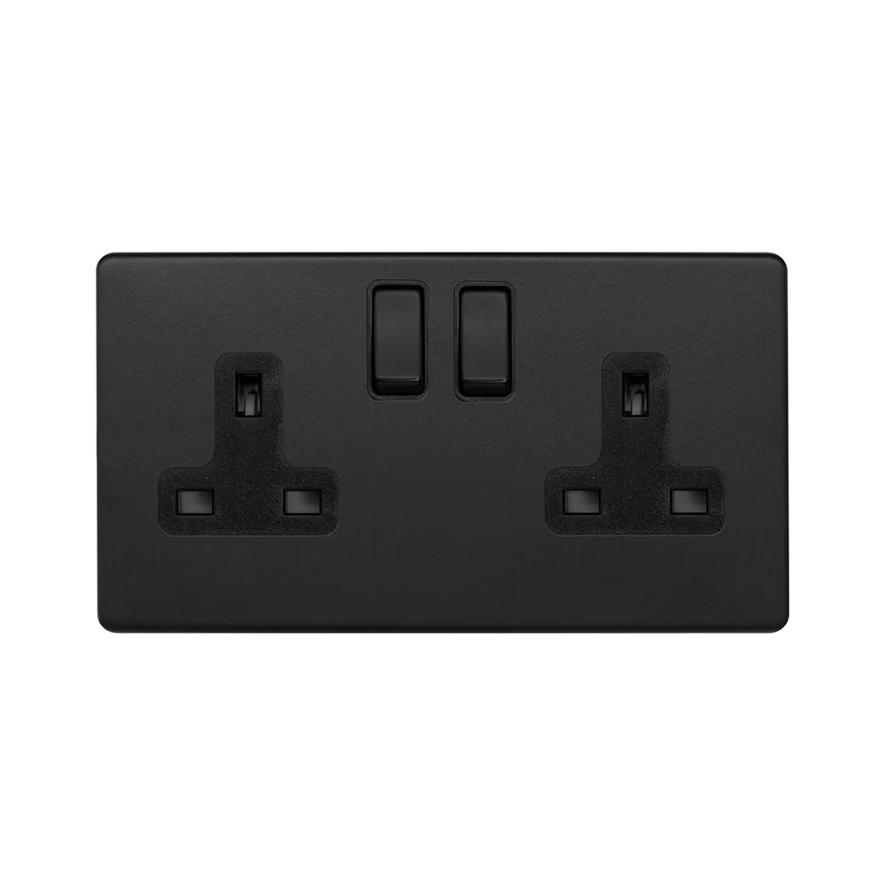 Soho Lighting 2 Gang Double Pole Socket Single 13A Matt Black with Black Insert Uneeka