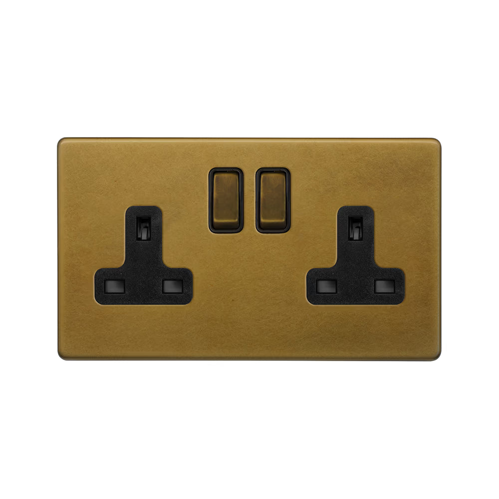 Soho Lighting 2 Gang Double Pole Socket Single 13A Old Brass Uneeka